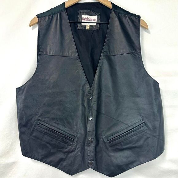 SADDLEBROOK Western Black Genuine Leather Vest Pockets Adjustable Mens XL Rodeo - Picture 1 of 8